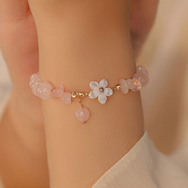 MythStone 14k Gold Plated Natural Pink Crystal Flower Love Bracelet