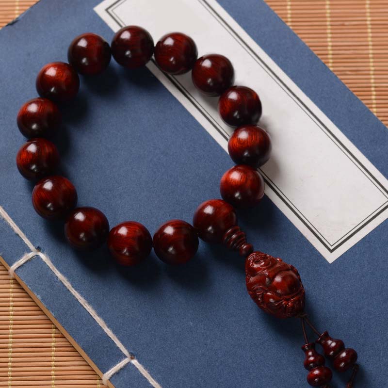 Mythstone Small Leaf Red Sandalwood Laughing Buddha God of Wealth Protection Bracelet