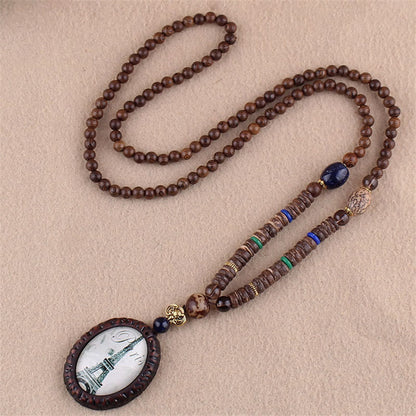 Mythstone Tibetan Wenge Wood Bodhi Seed Agate Elephant Protection Necklace Pendant