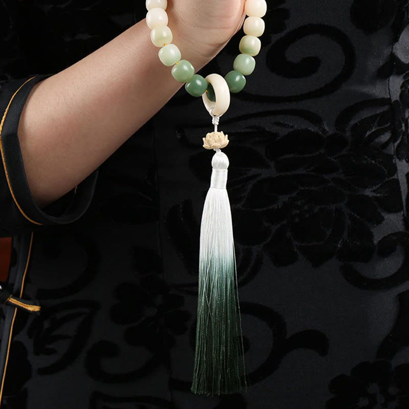 Mythstone Natural Gradient Bodhi Seed Fortune Money Bag Lotus Wisdom Tassel Wrist Mala