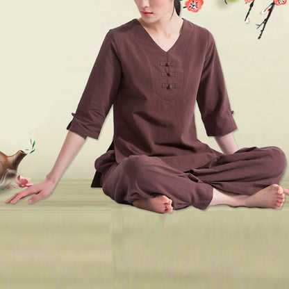 Mythstone Yoga Meditation Prayer V-neck Design Cotton Linen Clothing Uniform Zen Practice Women's Set