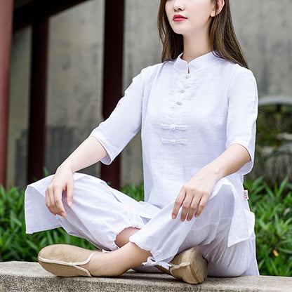 Mythstone 2Pcs Half Sleeve Shirt Top Pants Meditation Zen Tai Chi Linen Clothing Women's Set