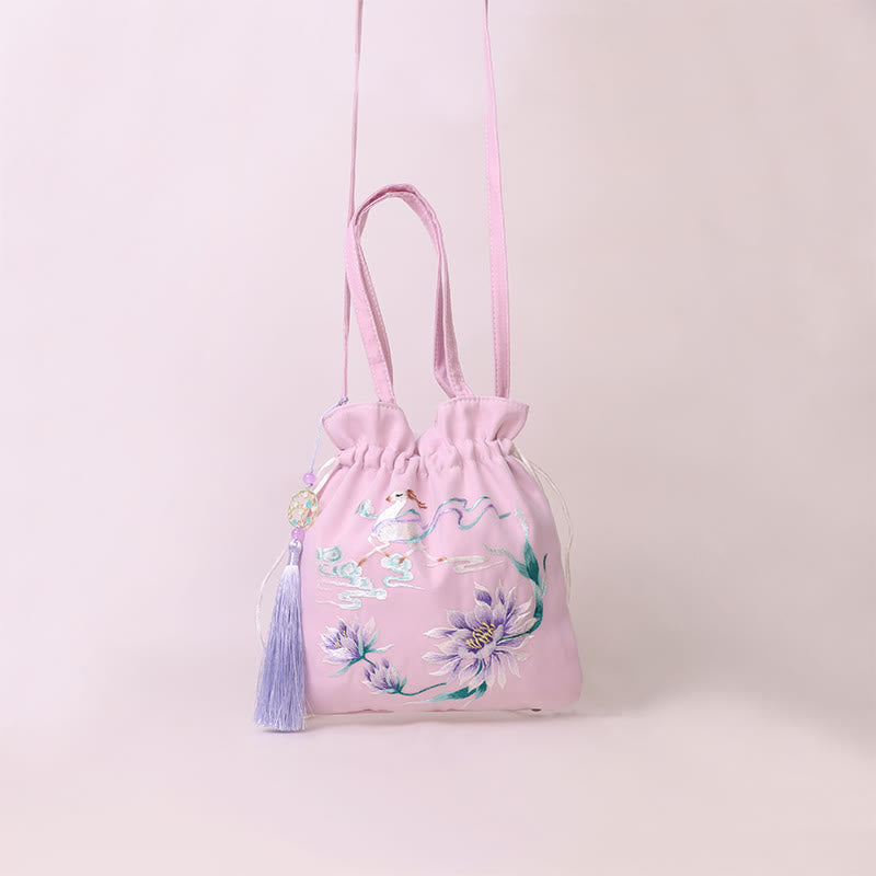 Mythstone Suzhou Embroidery Lotus Deer Epiphyllum Peony Rabbit Cotton Linen Tote Crossbody Bag Shoulder Bag Handbag