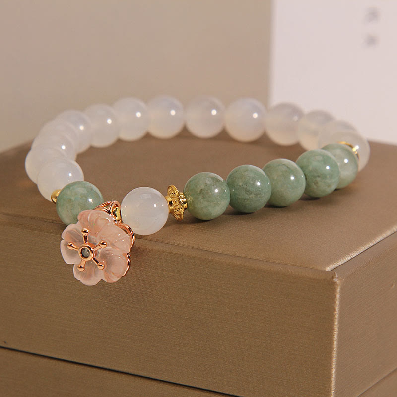 Mythstone White Agate Jade Flower Charm Luck Protection Bracelet