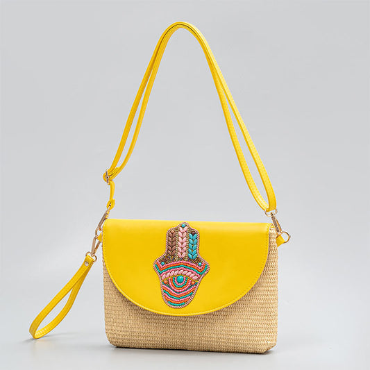 Mythstone Hamsa Elephant Flower Straw Woven Crossbody Bag Shoulder Bag Handbag