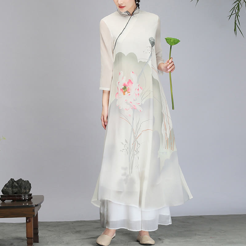 Mythstone Lotus Flower Pod Chiffon Cheongsam Midi Dress Meditation Zen Practice Clothing