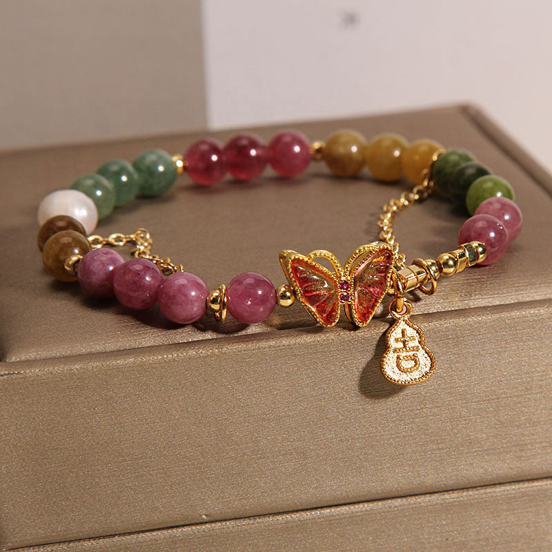 MythStone Natural Colorful Tourmaline Butterfly Auspicious Character Gourd Charm Positive Bracelet