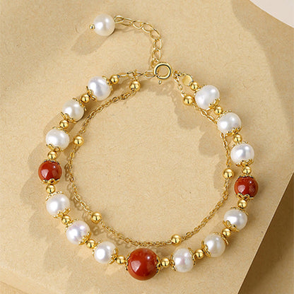 Mythstone 925 Sterling Silver Pearl Cinnabar Wisdom Bead Double Layer Chain Bracelet