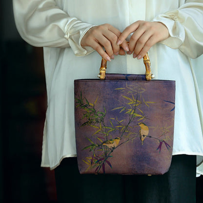 Mythstone Purple Magpie Birds Branches Bamboo Handles Handbag