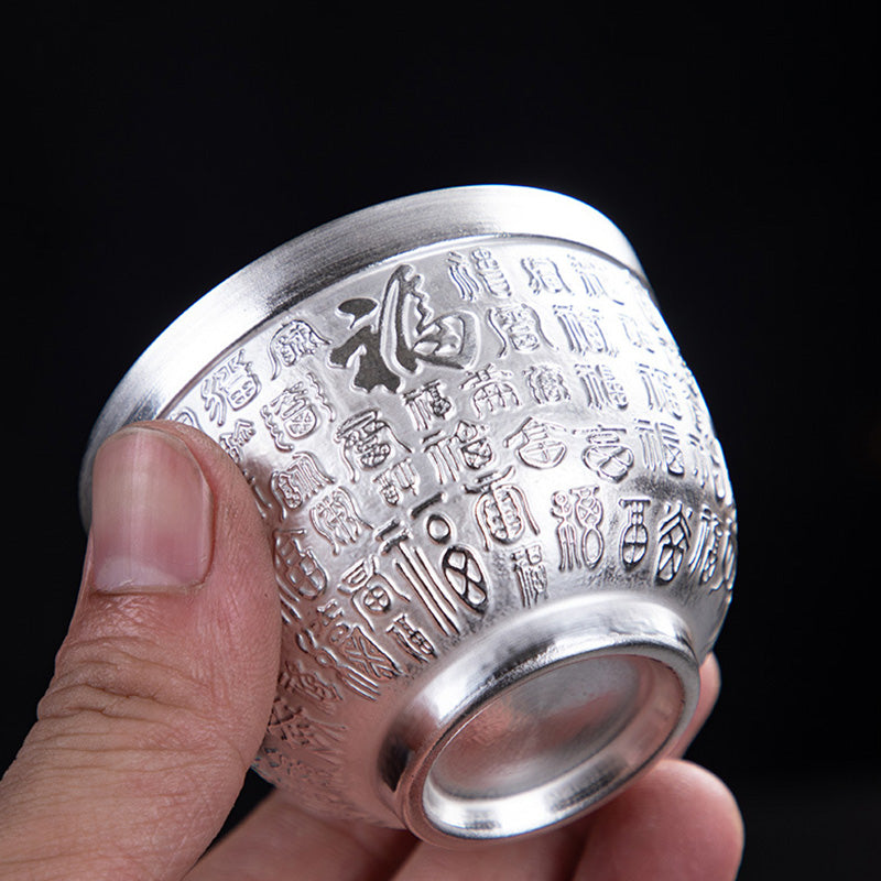 Mythstone Fu Character Dragon Phoenix Horse Koi Fish Silver Gilding Ceramic Teacup Kung Fu Tea Cup