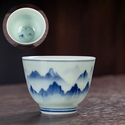 Mythstone Blue Landscape Mountains Lotus Cute Cat Pavilions Magnolia Reed Egrets Ceramic Teacup Small Kung Fu Tea Cup