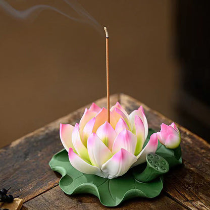 Mythstone Lotus Flower Leaf Pod Spiritual Healing Ceramic Stick Incense Burner Decoration