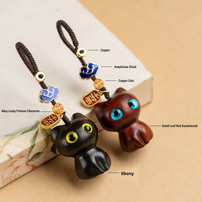 Mythstone Small Leaf Red Sandalwood Ebony Wood Lucky Cat Protection Key Chain Phone Hanging Decoration