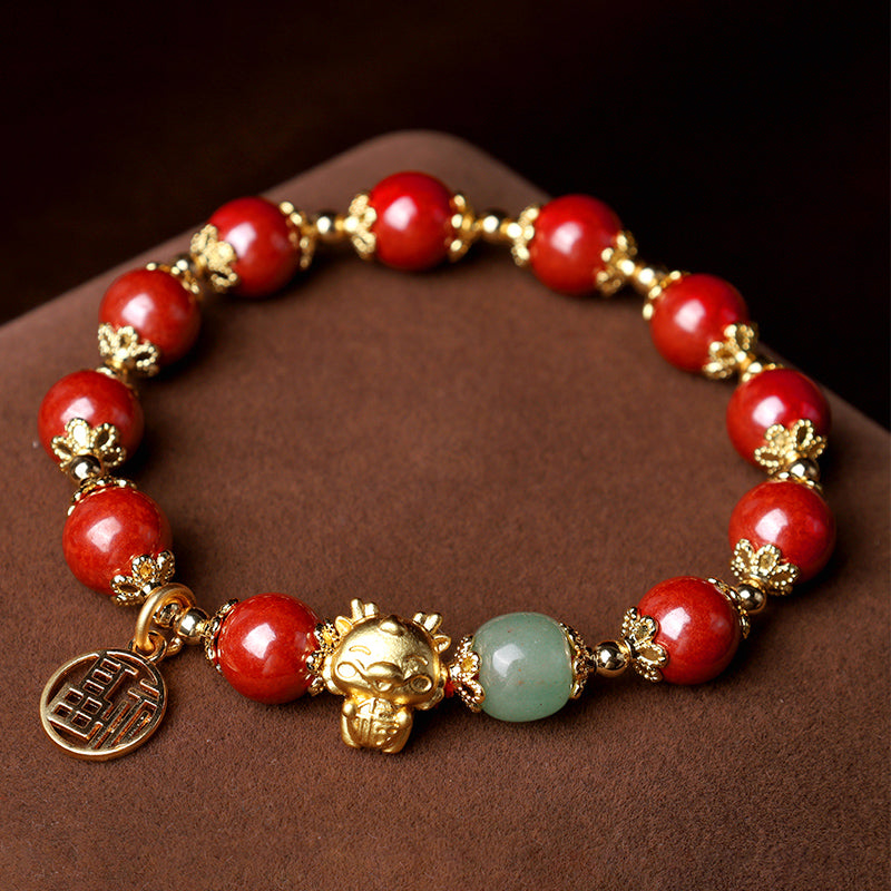 Mythstone Year of the Dragon Natural Cinnabar Fu Character Charm Blessing Bracelet