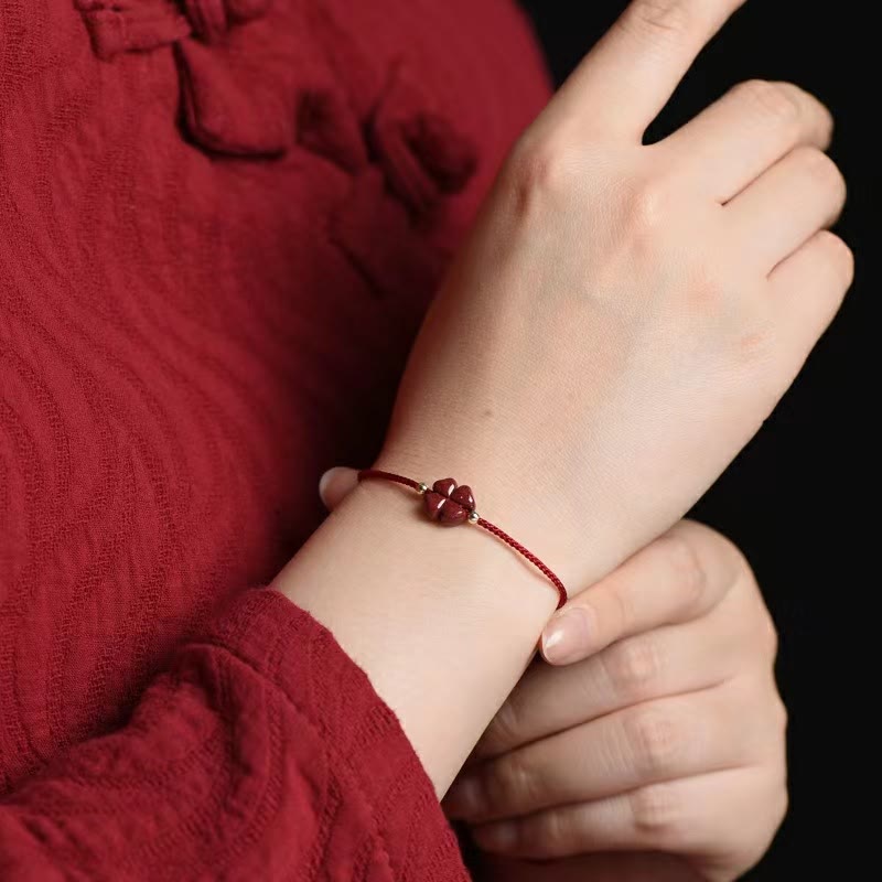 Mythstone Natural Cinnabar Four Leaf Clover Blessing Red String Bracelet Anklet