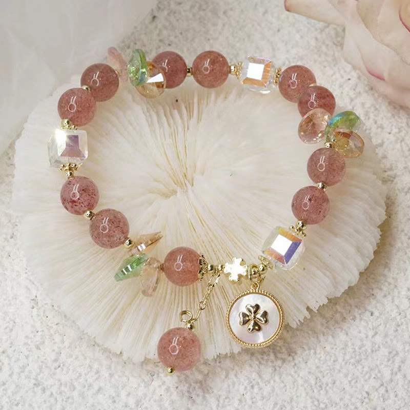 Mythstone Strawberry Quartz Lucky Four Leaf Clover Healing Charm Bracelet