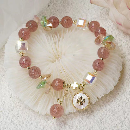 Mythstone Strawberry Quartz Lucky Four Leaf Clover Healing Charm Bracelet