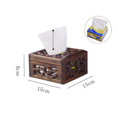 Mythstone Retro Wooden Tissue Box Engraved Wooden Tissue Holder Wipes Boxes Decoration