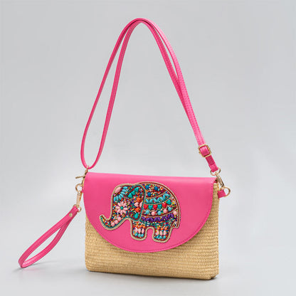 Mythstone Hamsa Elephant Flower Straw Woven Crossbody Bag Shoulder Bag Handbag