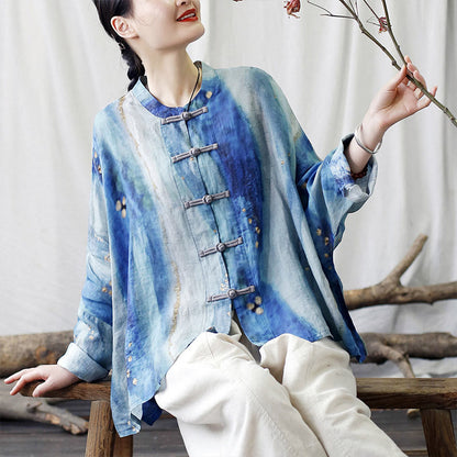 Mythstone Blue White Beige Small Flower Frog-button Design Long Sleeve Ramie Linen Jacket Shirt