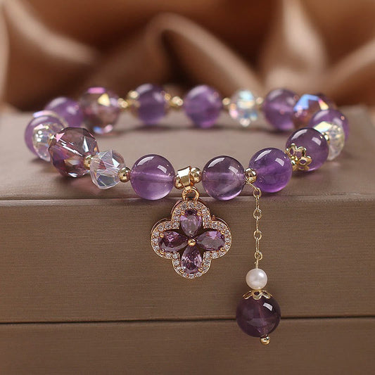 Mythstone Natural Amethyst Crystal Four Leaf Clover Spiritual Healing Bracelet