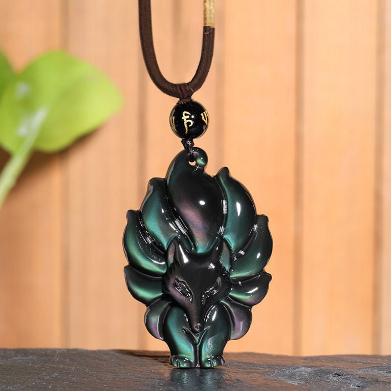 Mythstone Natural Rainbow Obsidian Gold Sheen Obsidian Nine Tailed Fox Positive Necklace Pendant