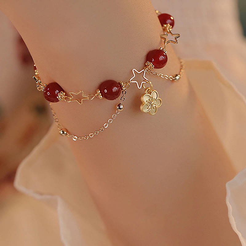 MythStone 14k Gold Plated Red Agate Star Flower Charm Calm Bracelet