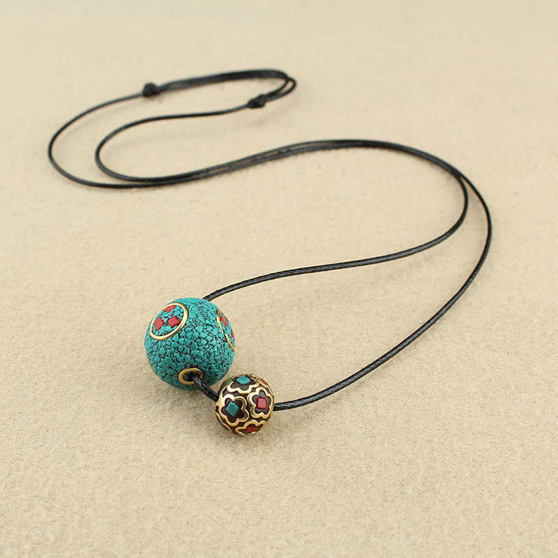 Mythstone Tibetan Turquoise Double Bead Protection Strength Necklace Pendant