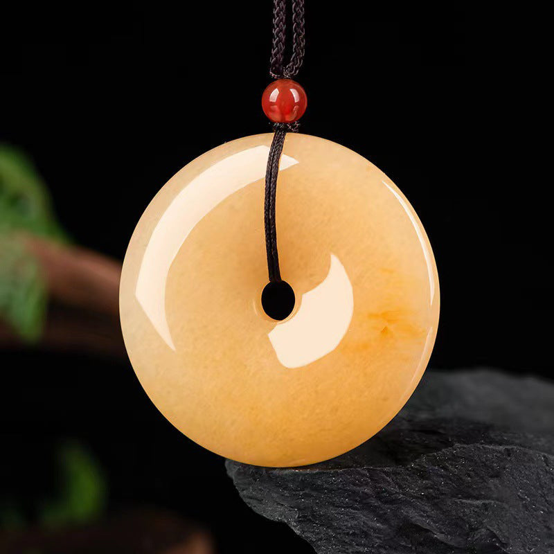 Mythstone Round Golden Silk Jade Peace Buckle Wealth Pendant Necklace