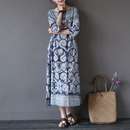 Mythstone Blue White Flower Printed Button Midi Dress Three Quarter Sleeve Cotton Linen Dress With Pockets