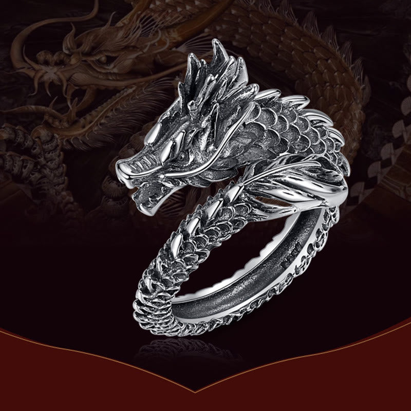 Mythstone 925 Sterling Silver Vintage Dragon Success Protection Strength Adjustable Ring