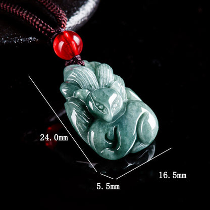 Mythstone Natural Green Jade Nine-Tailed Fox Engraved Prosperity Necklace Pendant