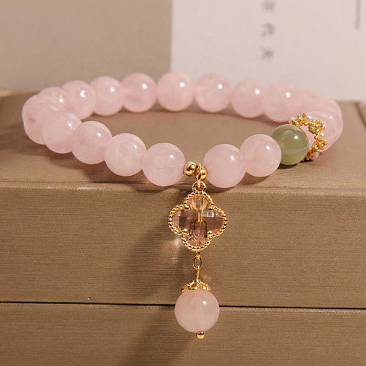 Mythstone Natural Pink Crystal Four Leaf Clover Soothing Bracelet