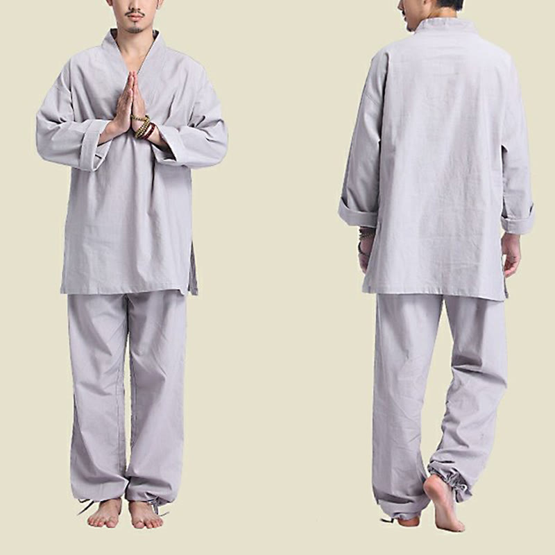 Mythstone Meditation Prayer V-neck Design Cotton Linen Spiritual Zen Practice Yoga Clothing Men's Set