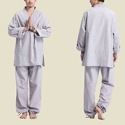 Mythstone Meditation Prayer V-neck Design Cotton Linen Spiritual Zen Practice Yoga Clothing Men's Set