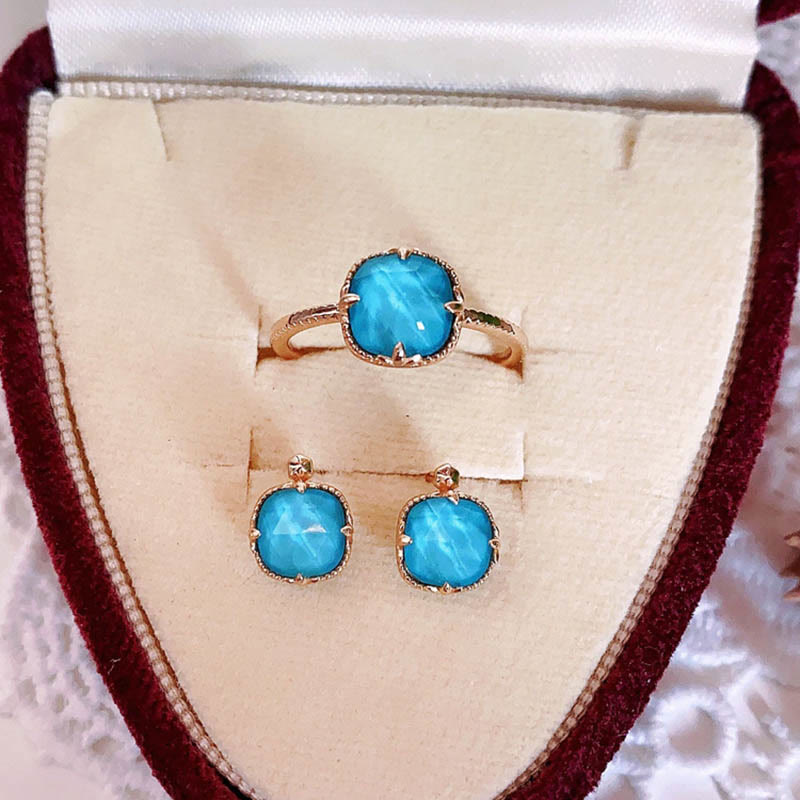 Mythstone 925 Sterling Silver Plated Gold Turquoise Protection Ring Earrings Necklace Pendant Set