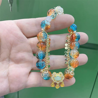 Mythstone Colorful Liuli Glass Bead Chinese Lock Charm Fortune Bracelet