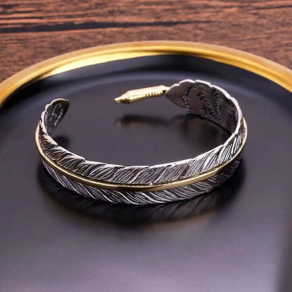 Mythstone Feather Pattern Carved Luck Wealth Cuff Bracelet Bangle