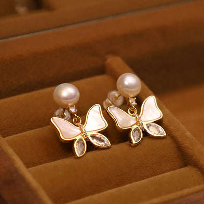 Mythstone 18K Gold Plated Copper Natural Shell Pearl Butterfly Sincerity Stud Earrings