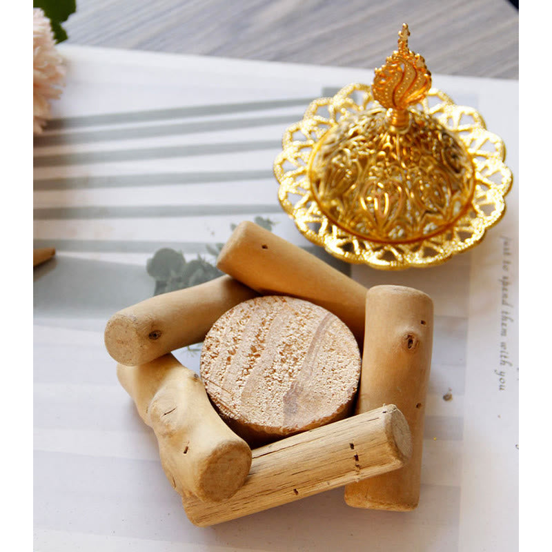 Mythstone Gold Alloy Healing Mini Incense Burner With Wooden Coaster Home Decor