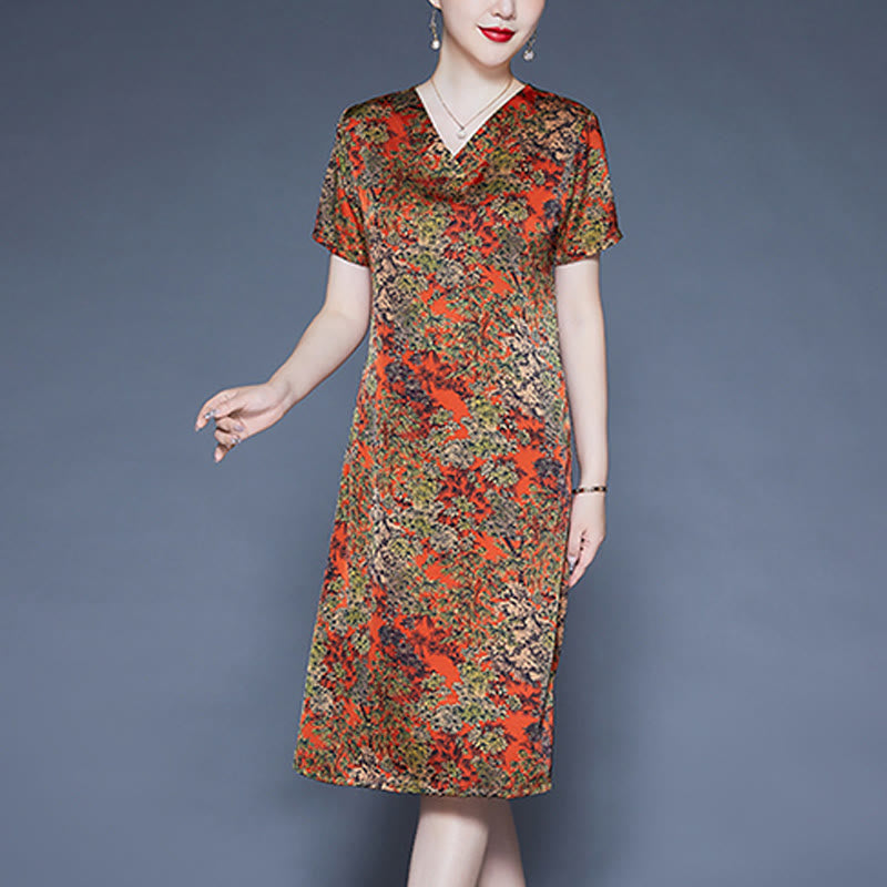 Mythstone V-Neck Tree Leaves Short Sleeve Midi Dress With Pockets