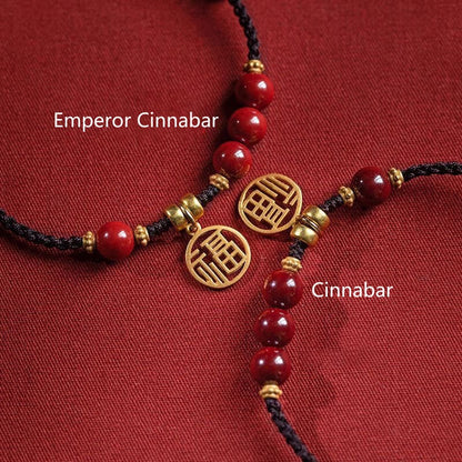 Mythstone Cinnabar Bead Fu Character Charm Blessing Braided String Bracelet