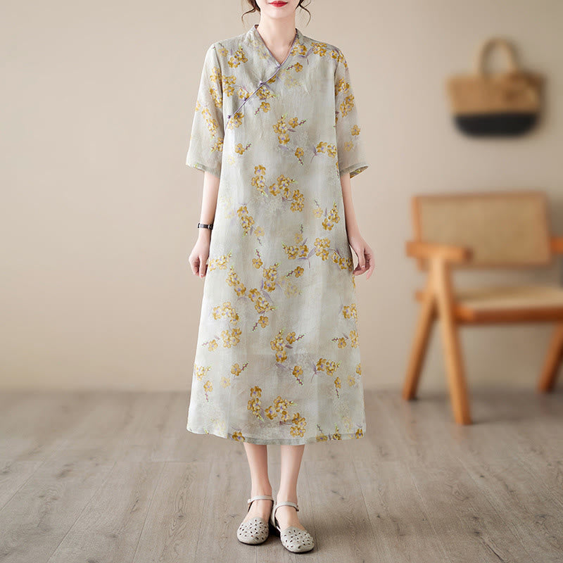 Mythstone Yellow Flowers Print Cheongsam Midi Dress Cotton Linen Half Sleeve Dress With Pockets