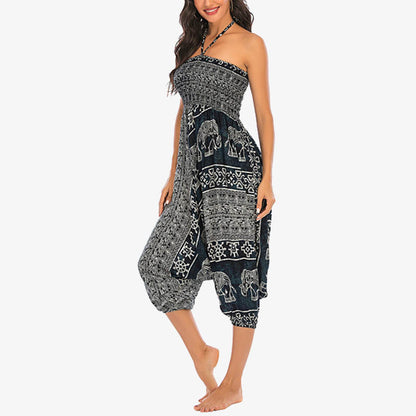 Mythstone Two Style Wear Elephant Pattern Loose Smocked Harem Trousers Jumpsuit Women's Yoga Pants