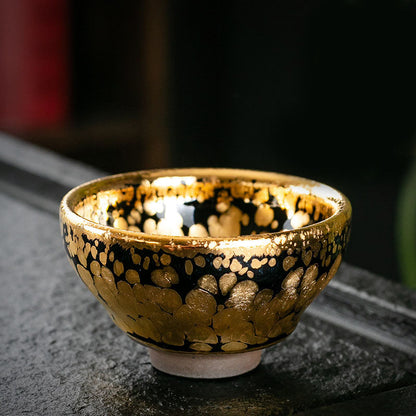 Mythstone 24K Gold Spot Pattern Chinese Jianzhan Ceramic Teacup Kung Fu Tea Cup Bowl With Gift Box