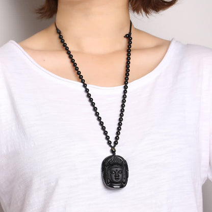 Collar con colgante de hilo de fuerza Avalokitesvara Kwan Yin de obsidiana negra natural Mythstone