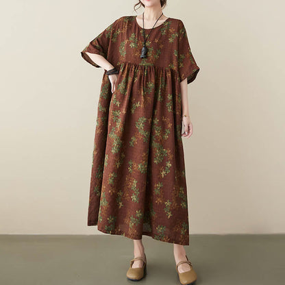 Mythstone Blue Brown Flowers Midi Dress Cotton Half Sleeve Tunic Dress With Pockets