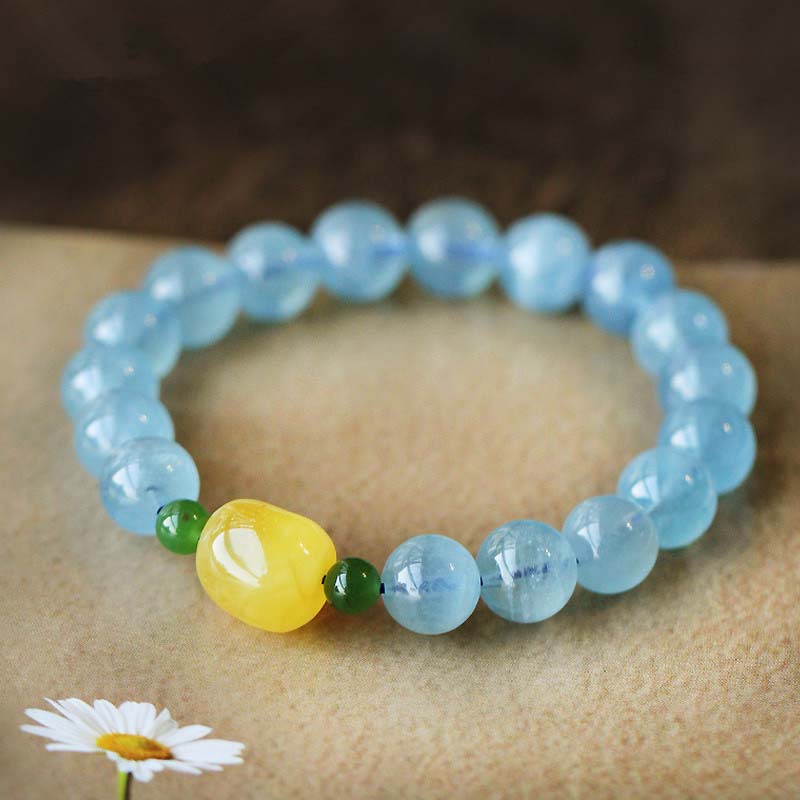 Pulsera curativa Serenity con cuentas de ámbar y aguamarina natural