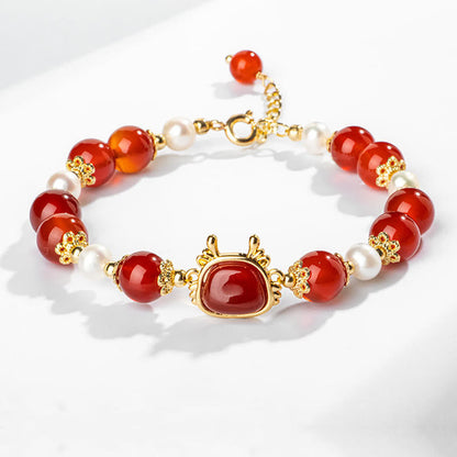 Mythstone 14K Gold Plated Year Of The Dragon Natural Red Agate Pearl Protection Fu Character Chain Bracelet