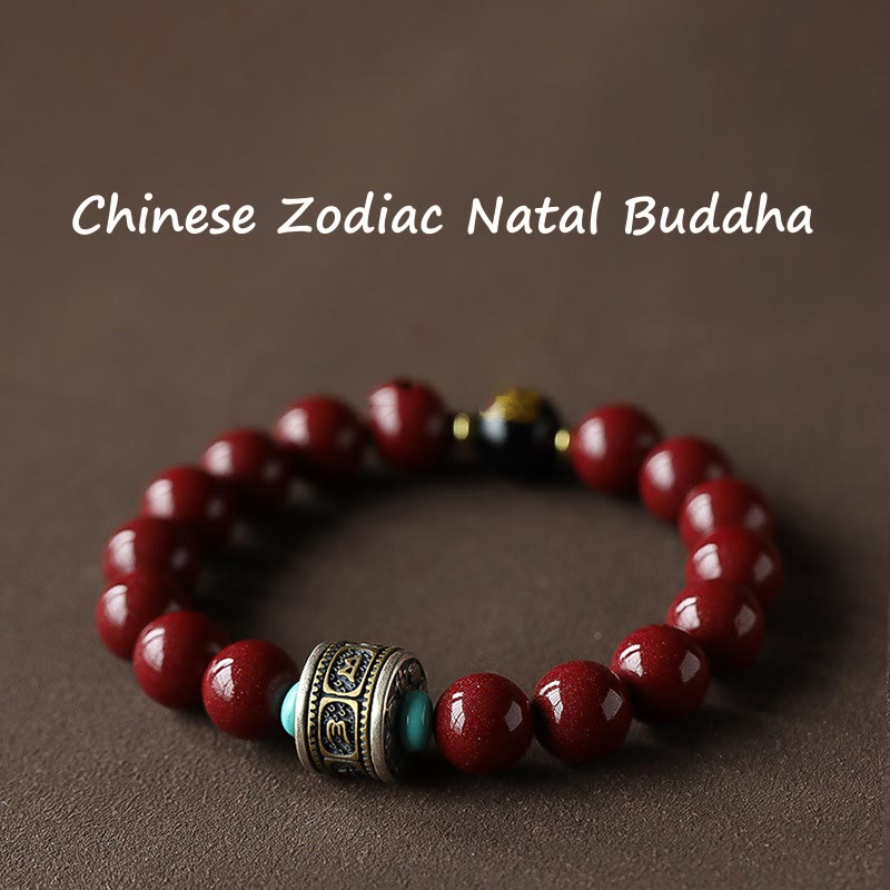 Mythstone 925 Sterling Silver Chinese Zodiac Natal Buddha Cinnabar Om Mani Padme Hum Calm Bracelet